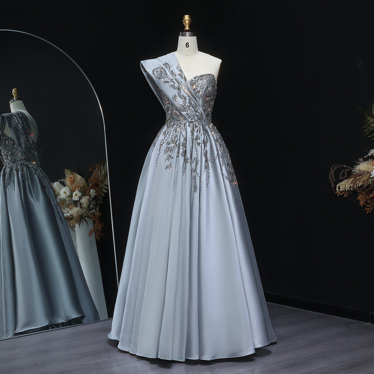 Luxury Gray Crystal-Embellished One-Shoulder Evening Dress XD040