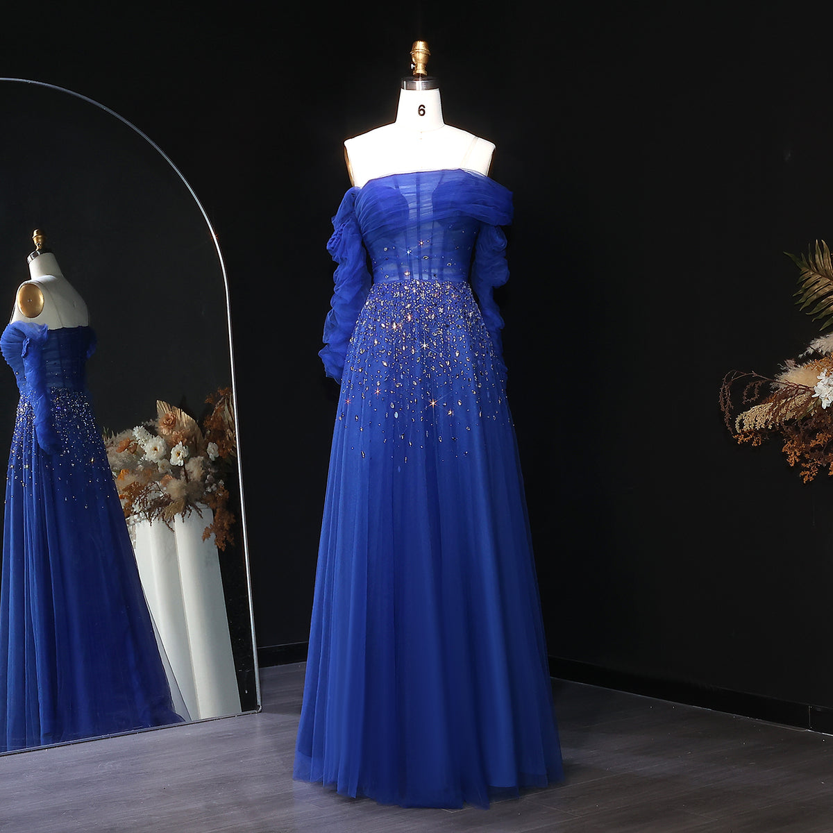 Luxury Crystal Royal Blue Long Sleeves Evening Dress SF333