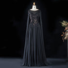 Luxury Blue Cape Sleeves Beaded Sequined Chiffon Evening Dress SS105