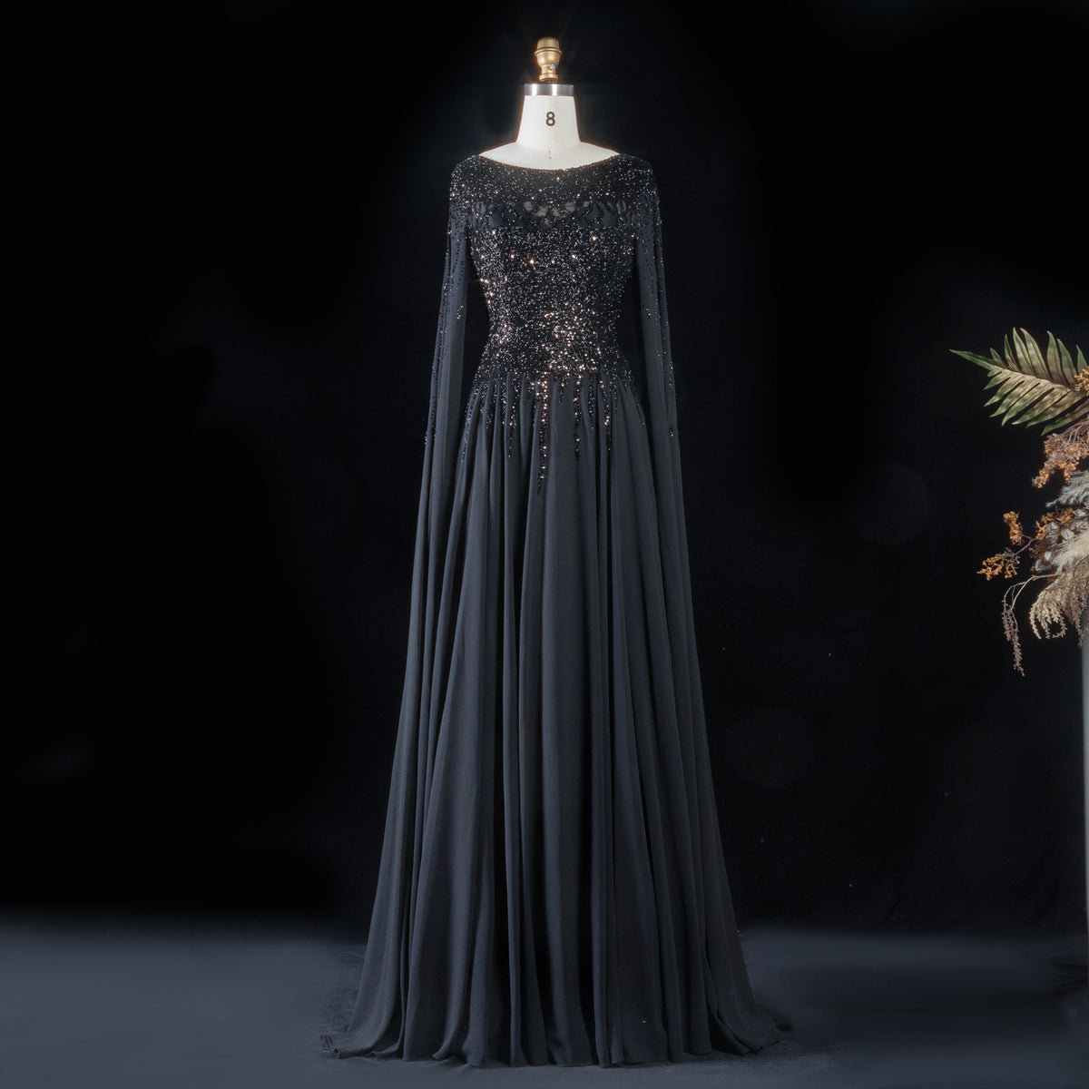 Luxury Blue Cape Sleeves Beaded Sequined Chiffon Evening Dress SS105
