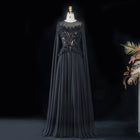 Regal Black Chiffon A-Line Beaded Formal Evening Dress with Cape Sleeves SS104