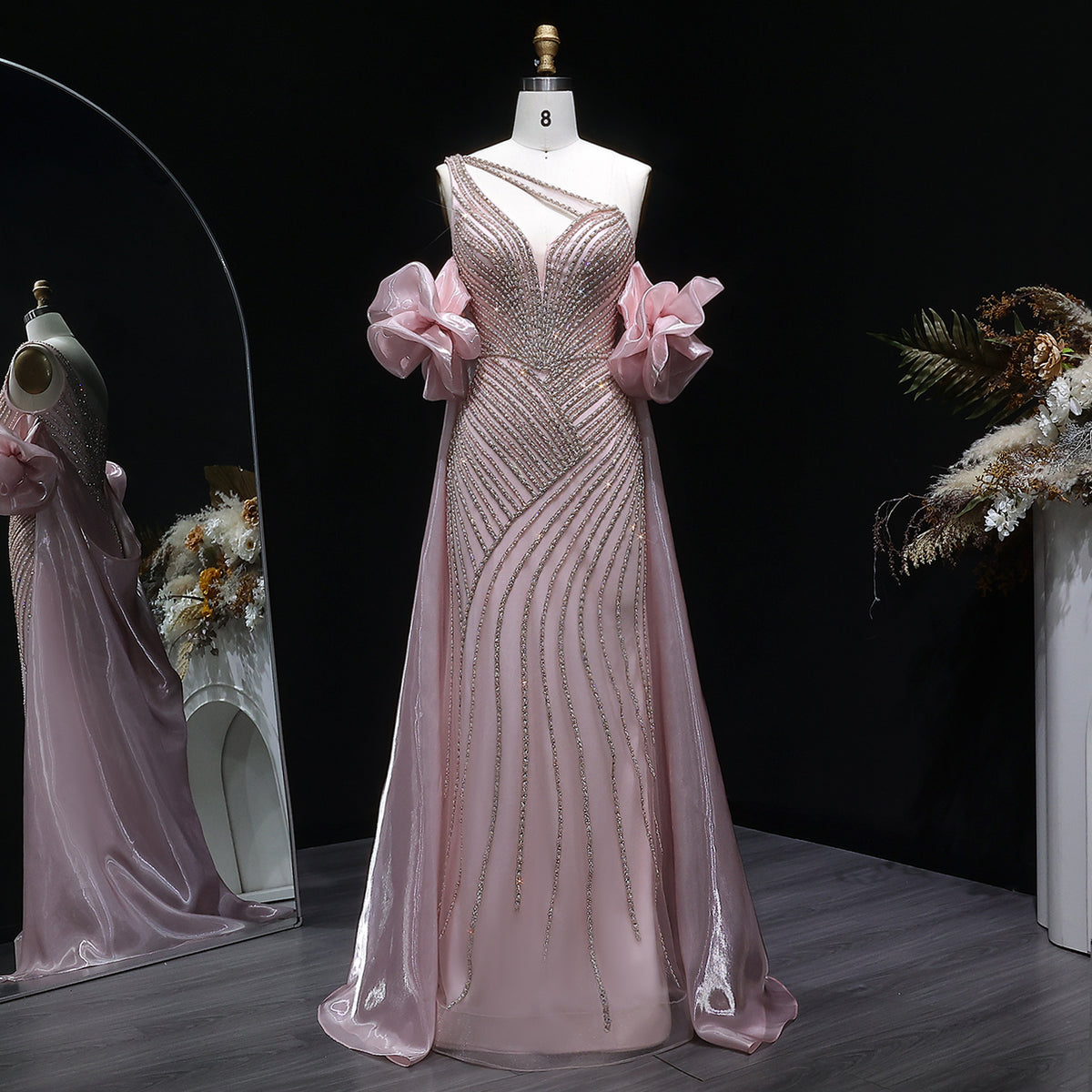 Luxury Dusty Pink One-Shoulder Beaded Fitted Evening Dress with Cape SS016