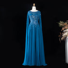 Luxury Blue Cape Sleeves Beaded Sequined Chiffon Evening Dress SS105