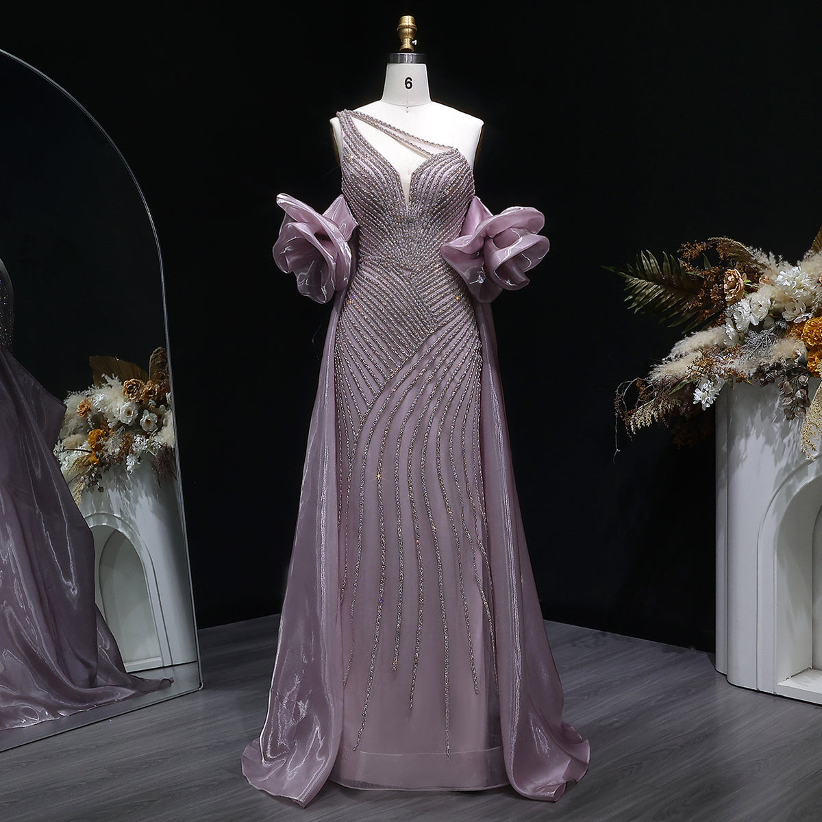 Luxury Dusty Pink One-Shoulder Beaded Fitted Evening Dress with Cape SS016