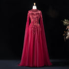 Elegant Blue High Neck Beaded Evening Dress with Cape Sleeve SS134