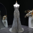 Luxury Silver Gray Strapless Beaded Feather Trim Evening Dress with High Slit SS791