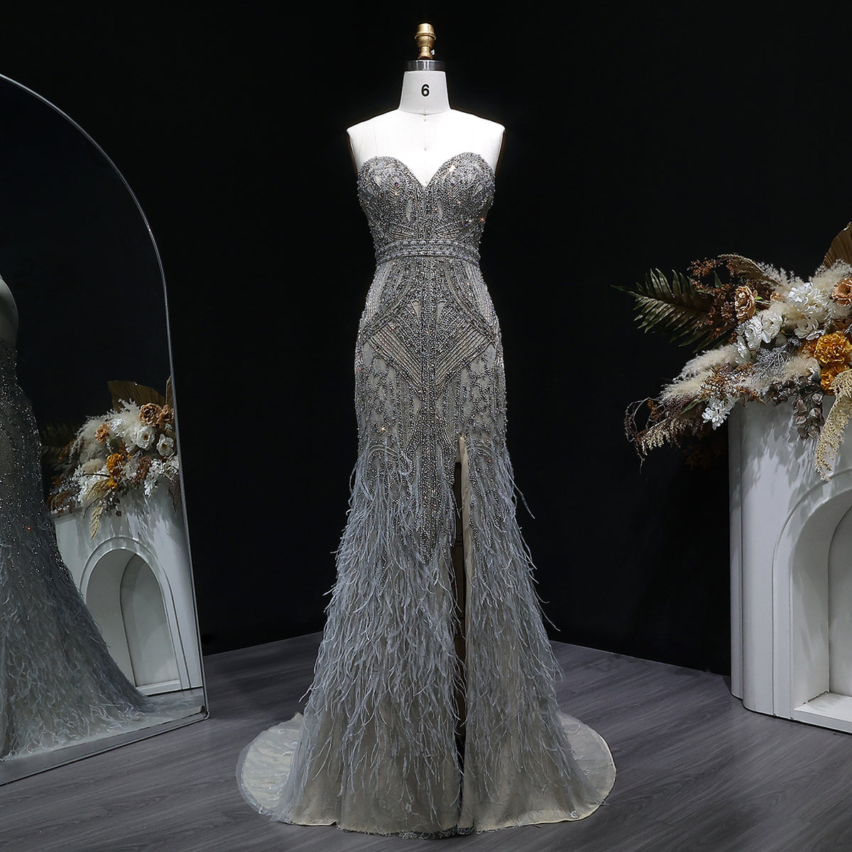 Luxury Silver Gray Strapless Beaded Feather Trim Evening Dress with High Slit SS791