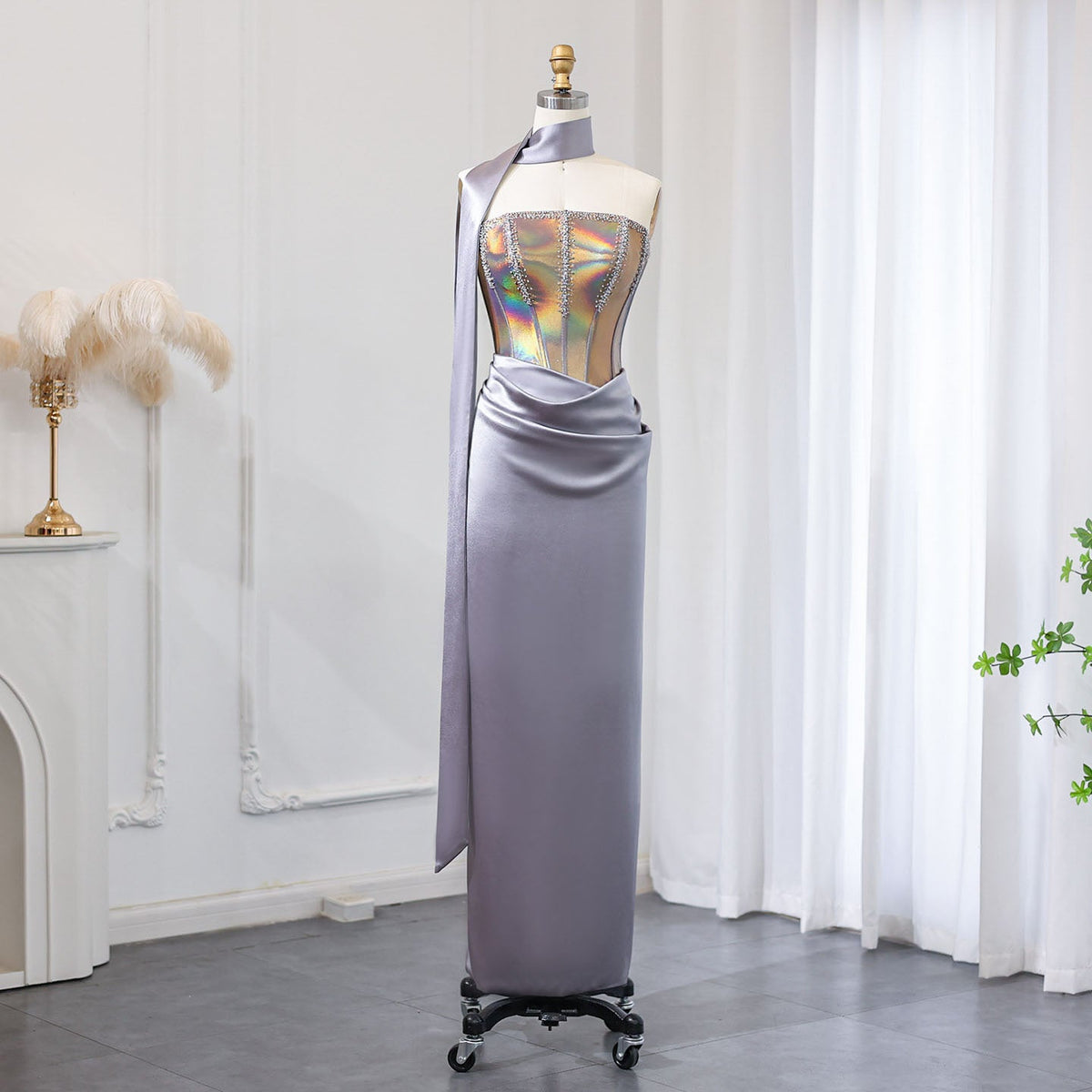 Elegant Beaded Strapless Gray Evening Dress with Scarf SS704