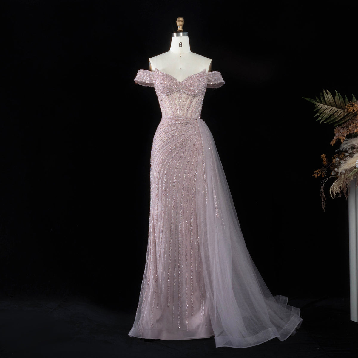Elegant Pink Off-the-Shoulder Beaded Mermaid Evening Dress SS005