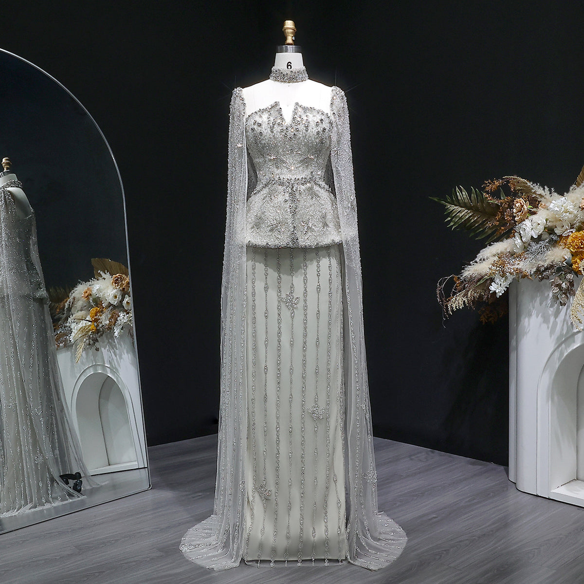 Glamorous Silver High Neck Sheer Evening Dress with Cape Sleeves SS531