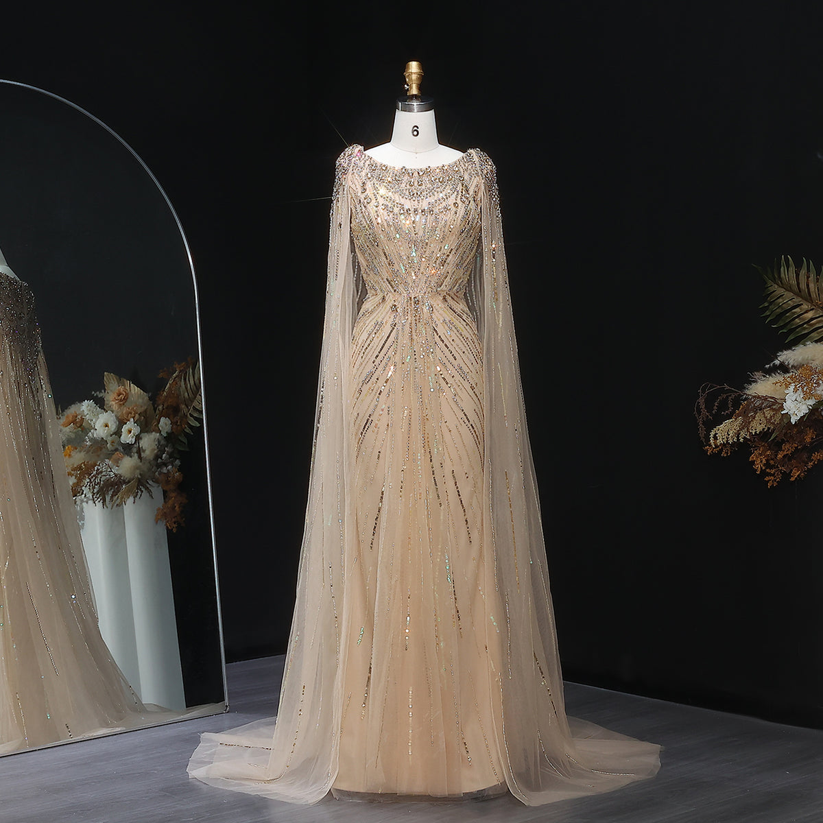 Luxury Crystal Lilac Evening Dress with Cape Sleeves SS549
