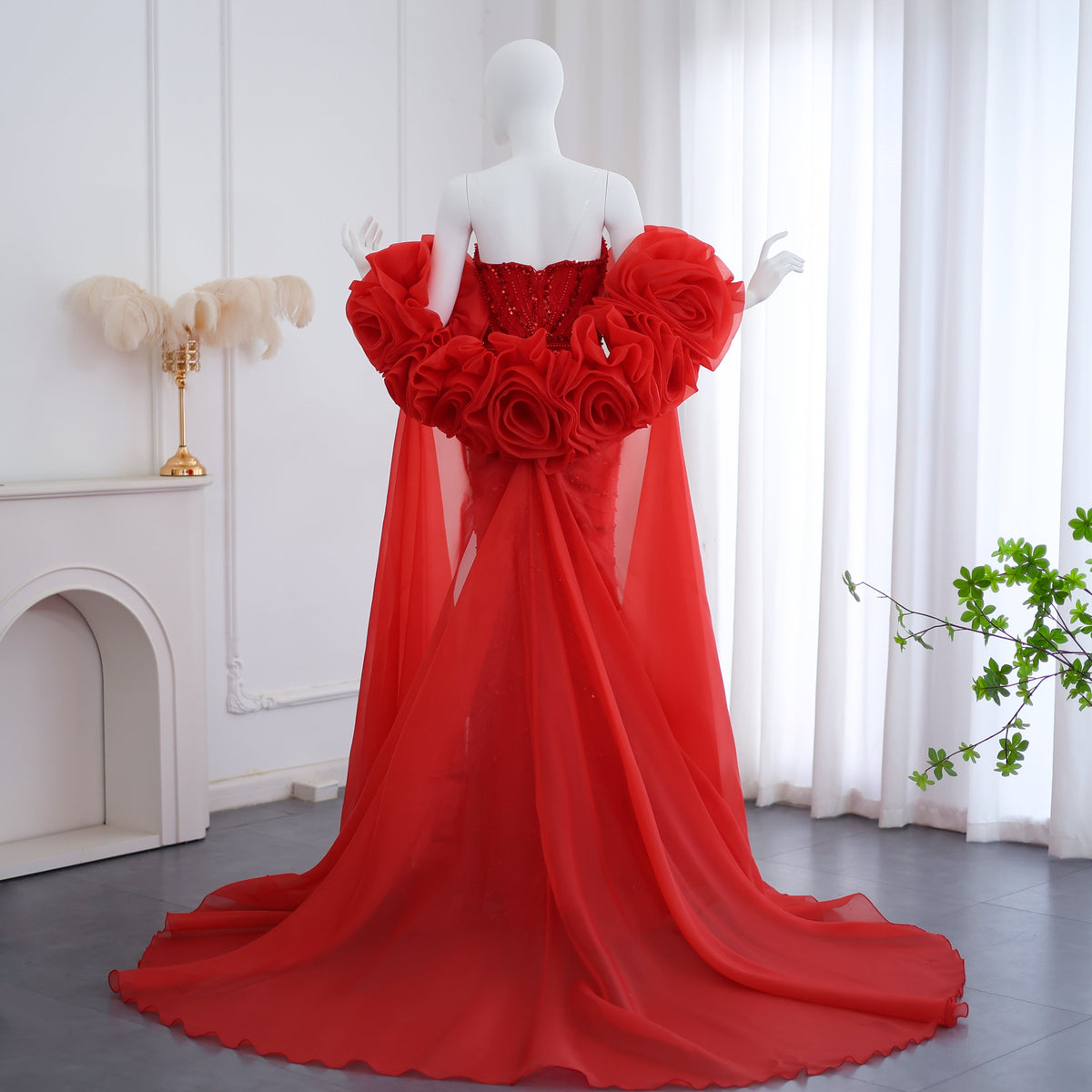 Luxury Pearl Red Evening Dress with 3D Flowers Cape SS585 – Sharon Said