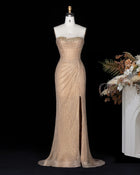 Champagne Strapless Crystal Beaded Mermaid Evening Dress with Slit