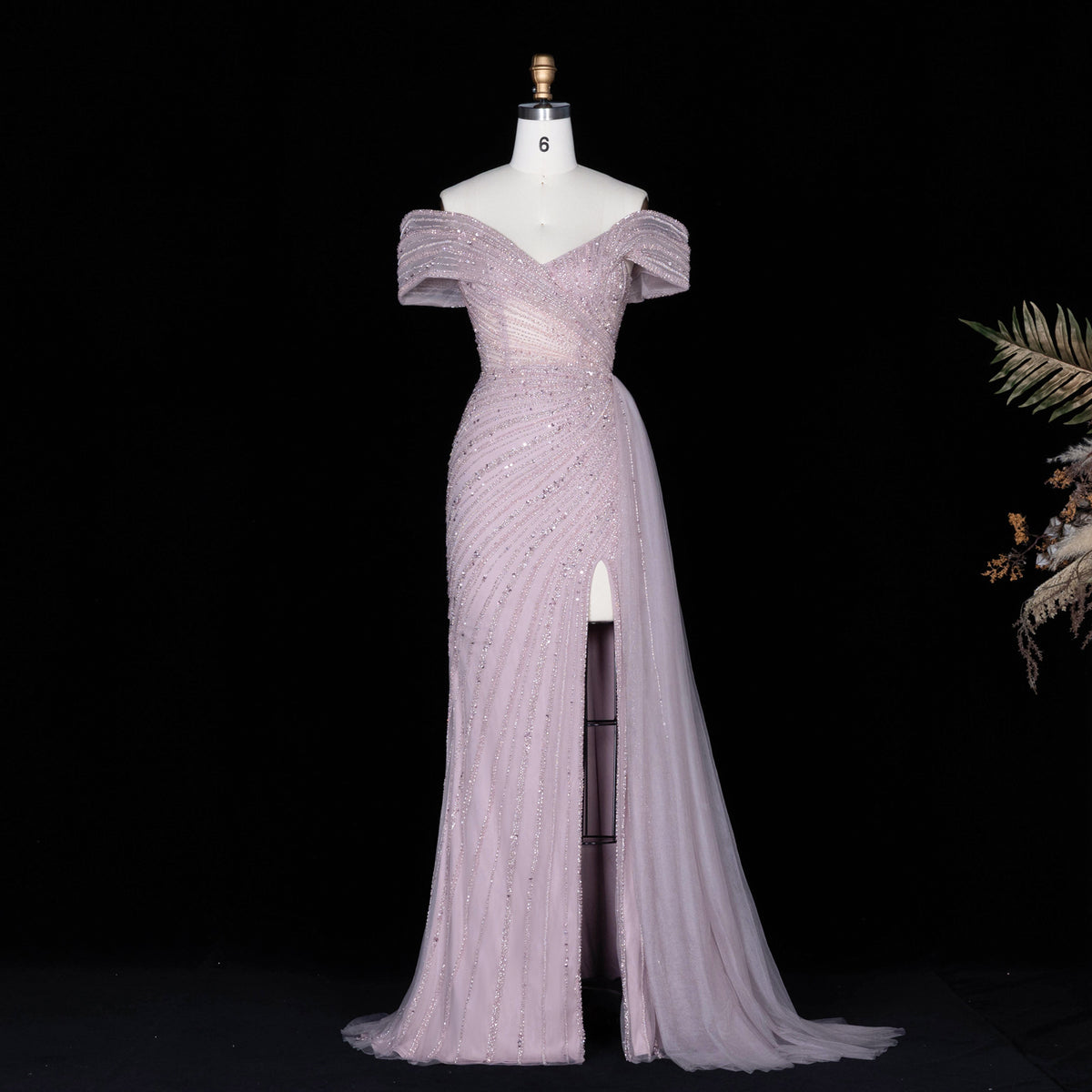 Elegant Champagne Sequin Off-the-Shoulder High Slit Evening Dress SS007