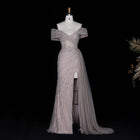 Elegant Champagne Sequin Off-the-Shoulder High Slit Evening Dress SS007