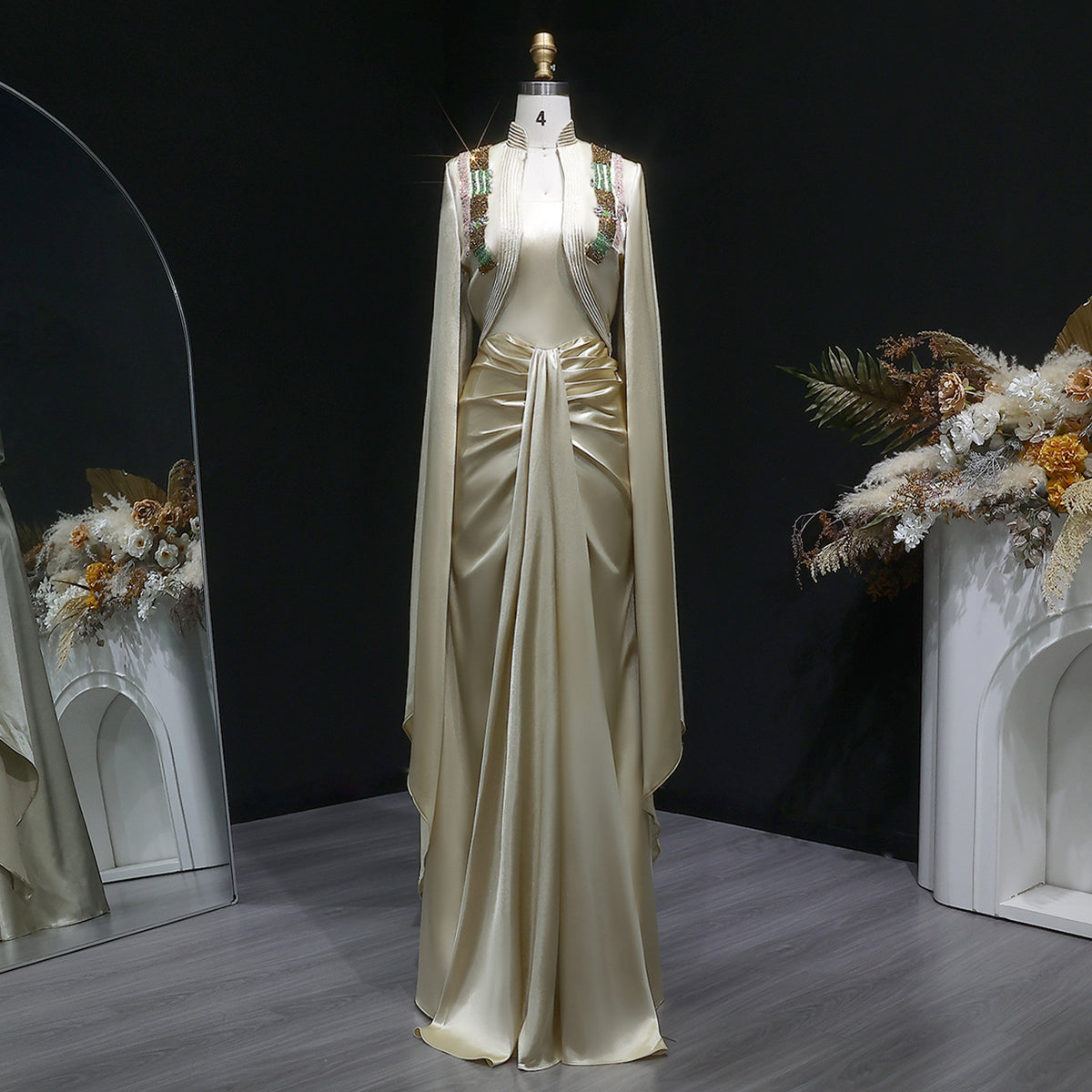 Elegant Beaded Champagne Draped Evening Dress with Cape SF198