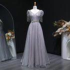 Elegant Lavender Crystal Beaded V-Neck Fringe Sleeve Evening Dress SS199