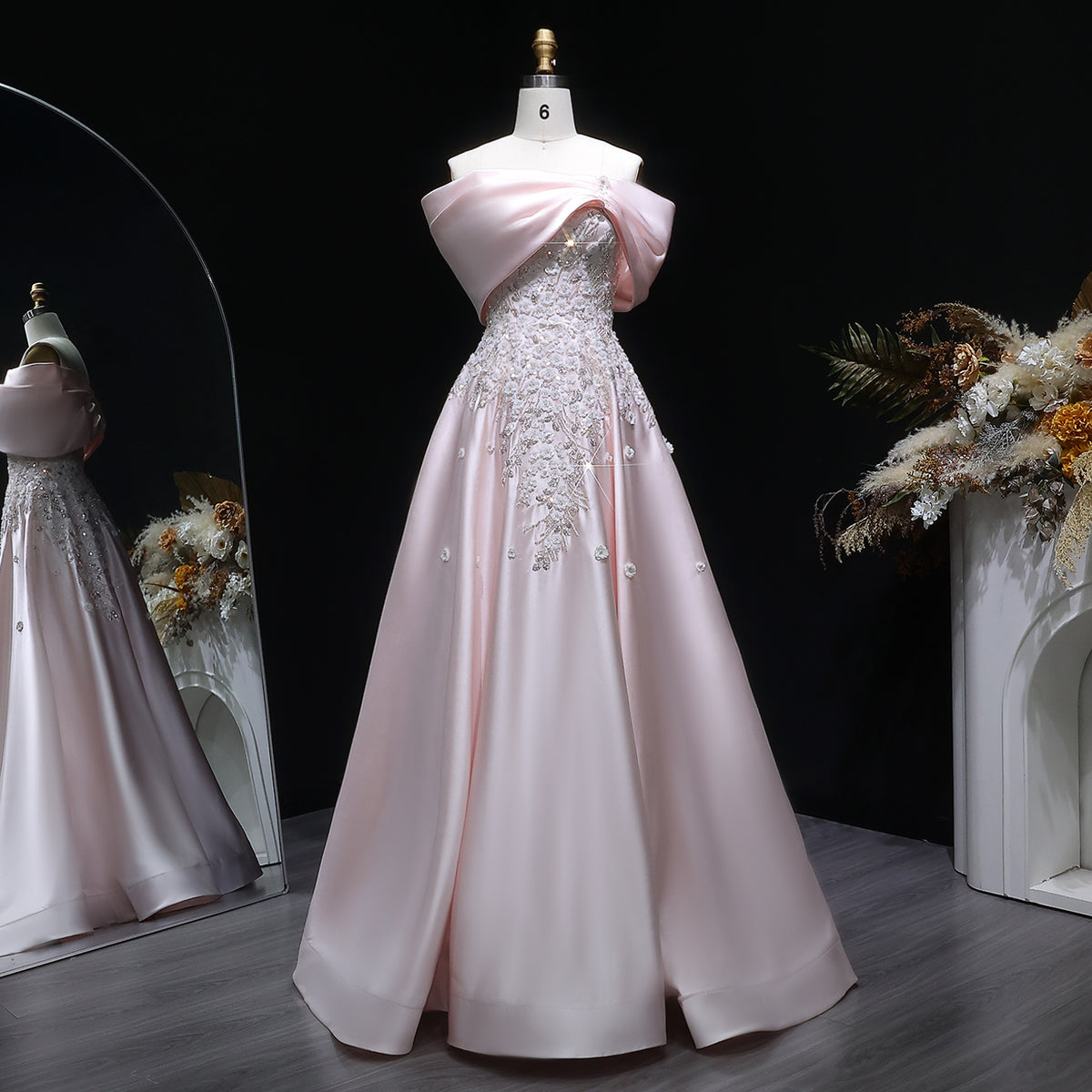 Luxury Pink 3D Floral Satin Sequin Embroidered Evening Dress XD032