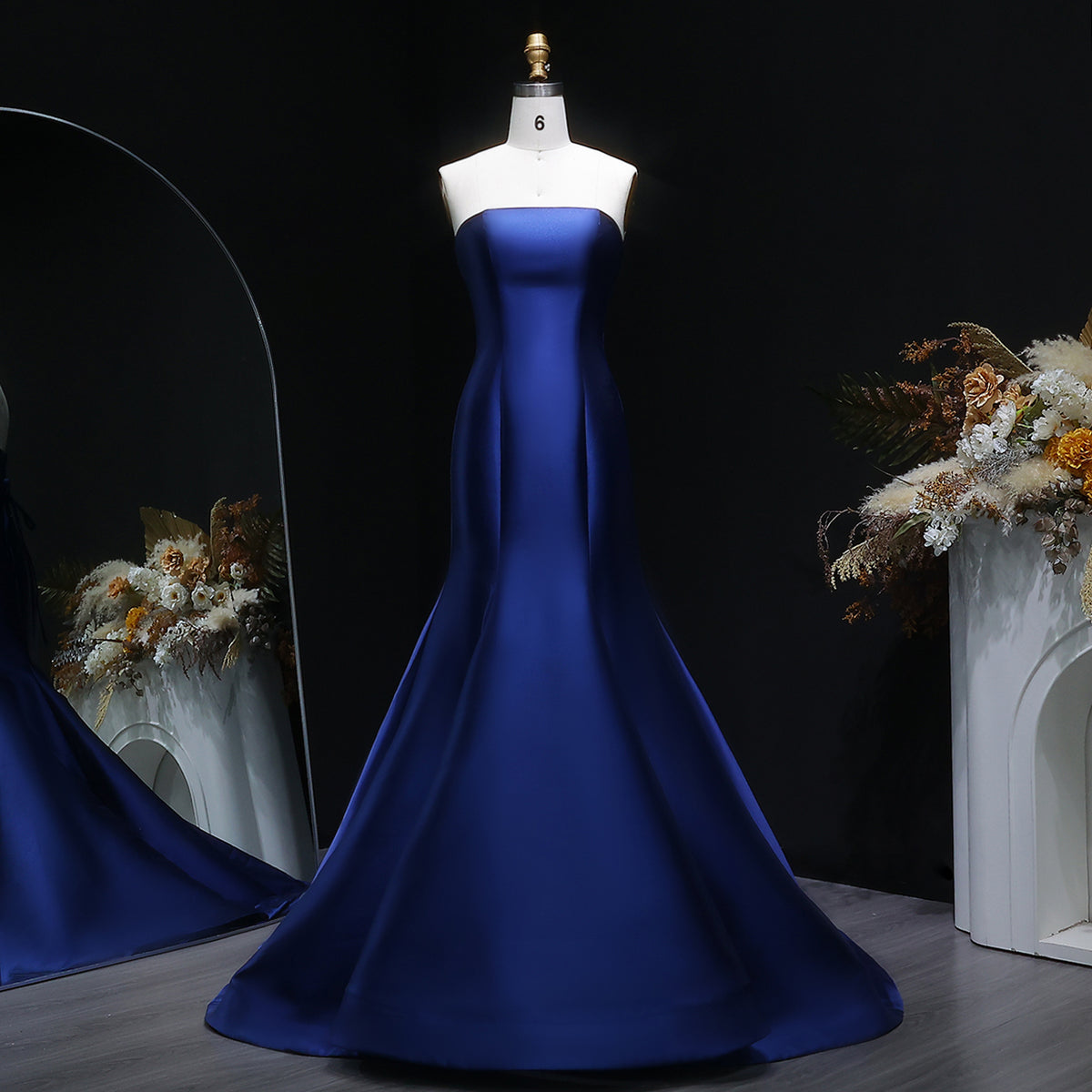 Luxury Navy Blue Satin A-Line Strapless Evening Dress SF309