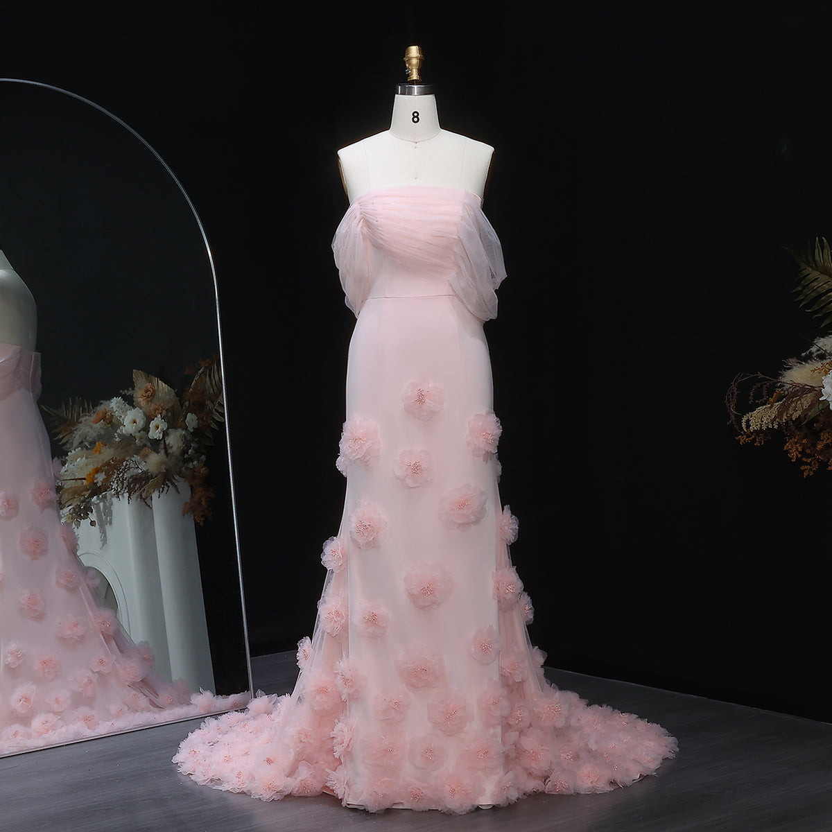 Elegant Pink 3D Flowers Off Shoulder Evening dress SF383