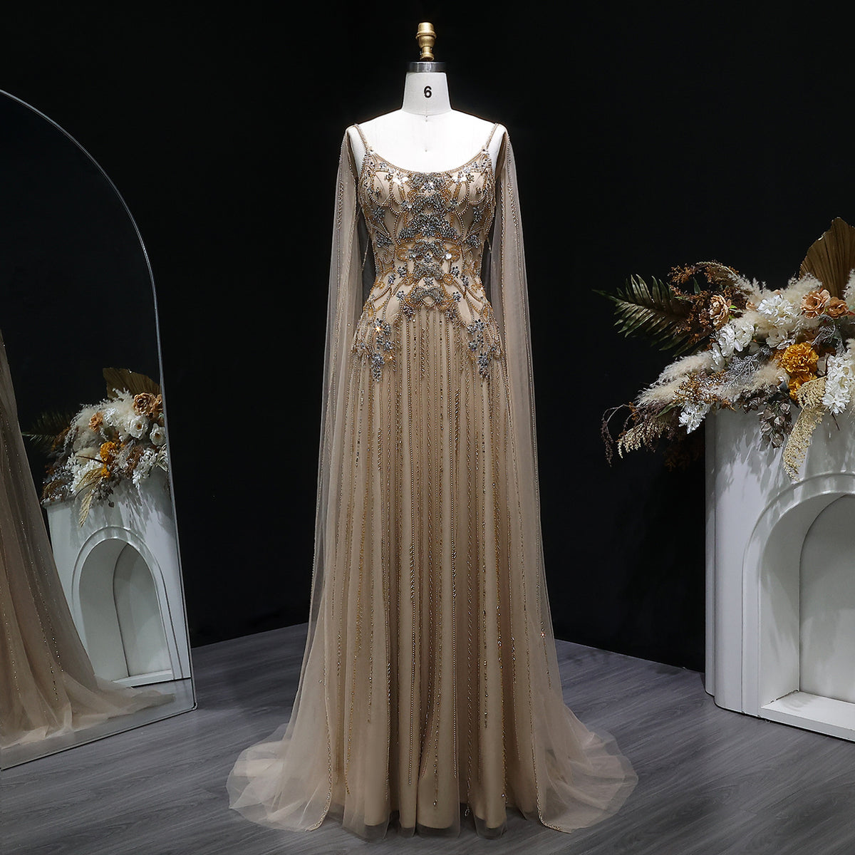 Luxury Champagne Crystal Beaded Sheer Cape Sleeve Evening Dress SS538