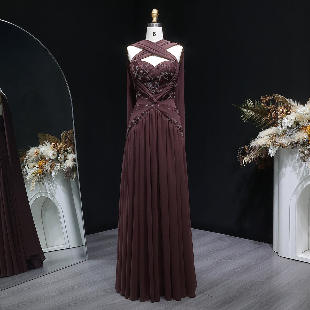 Luxury Brown Halter Neck Ruched Evening Dress with Cape SF460