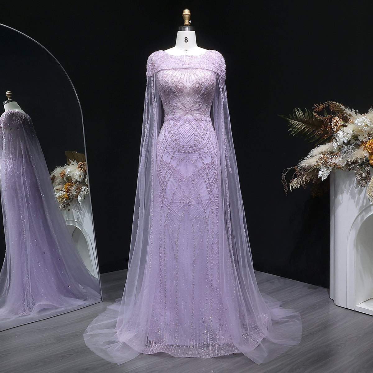Elegant Lilac Beaded Tulle Evening Dress with Cape Sleeve SS019