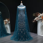 Luxury Teal Halter Neck Beaded Cape Mermaid Evening Dress SS028