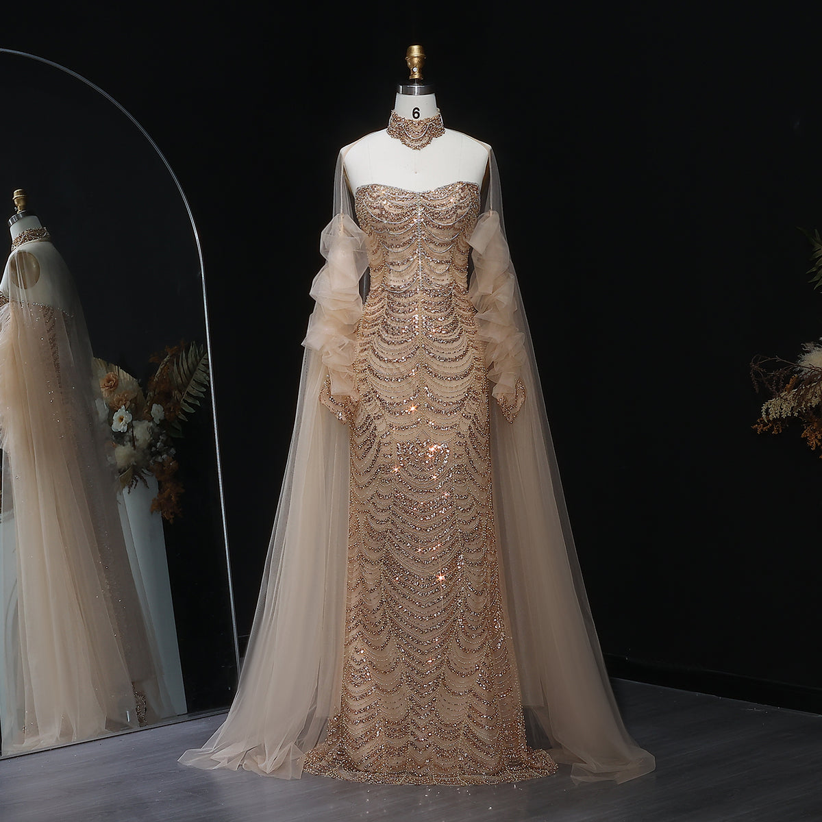 Luxury Beaded Champagne Evening Dress with Cape Sleeve SS535
