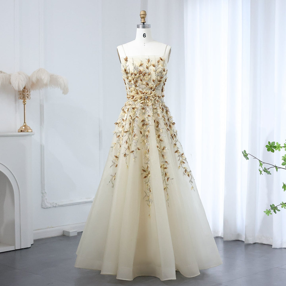 Luxury Beige Evening Dress with 3D Floral Embroidery SS362