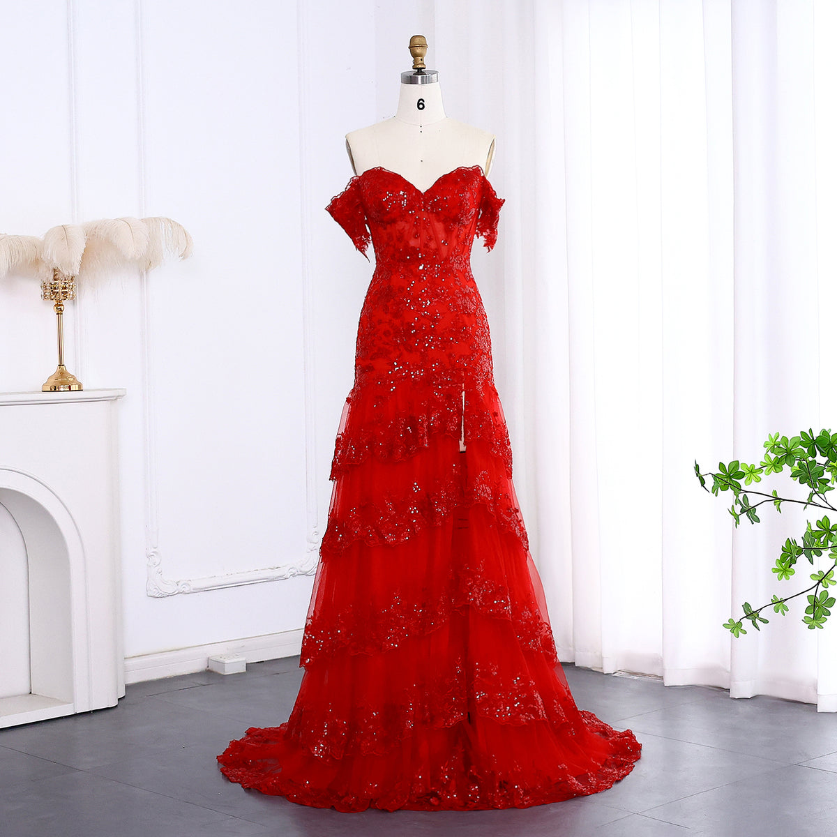Glamorous Red Layered Ruffle Off-Shoulder Prom Dress SH151