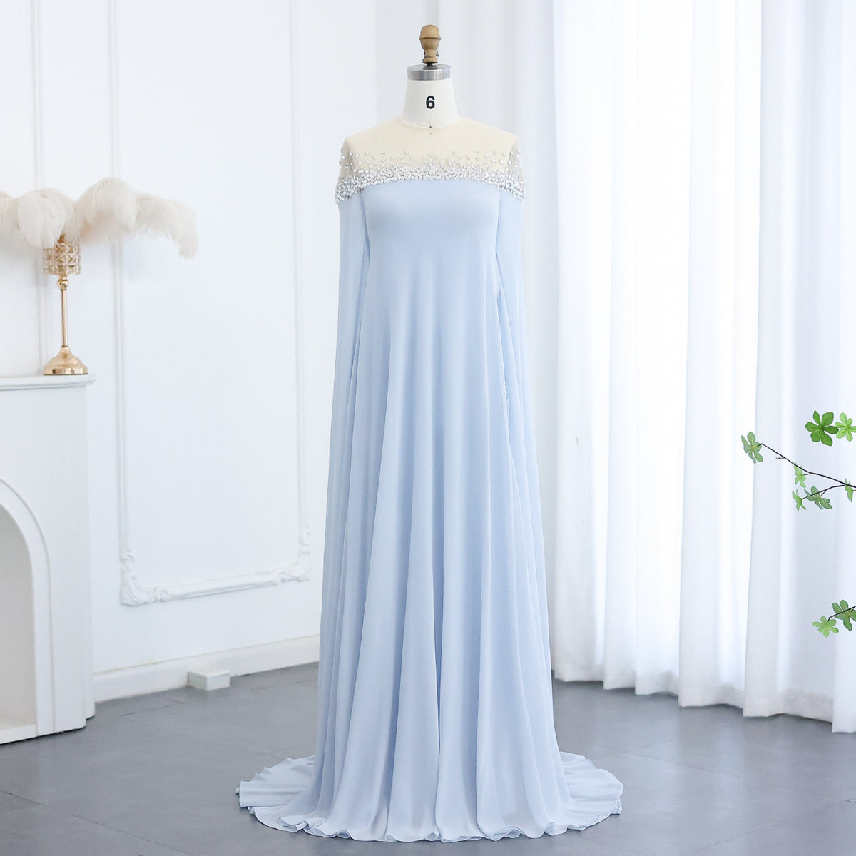 Luxury Crystal Baby Blue Evening Dress with Cape Sleeves SS308