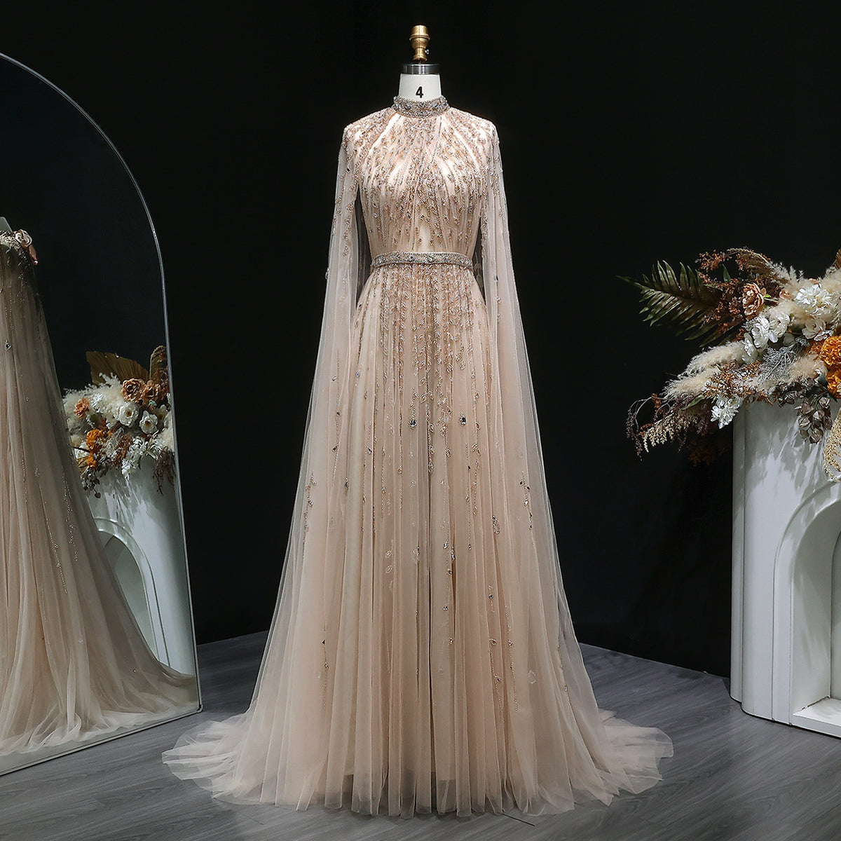 Luxury Beaded Beige Evening Dress with Cape Sleeve SS495