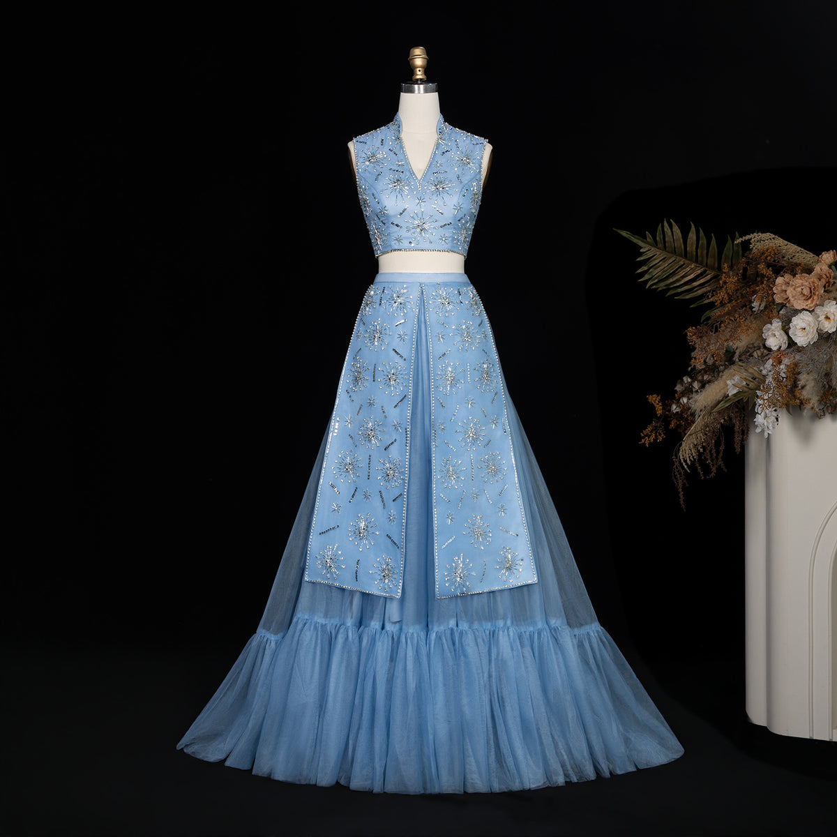 Exquisite Blue Two-Piece V-Neck Sequin Evening Dress