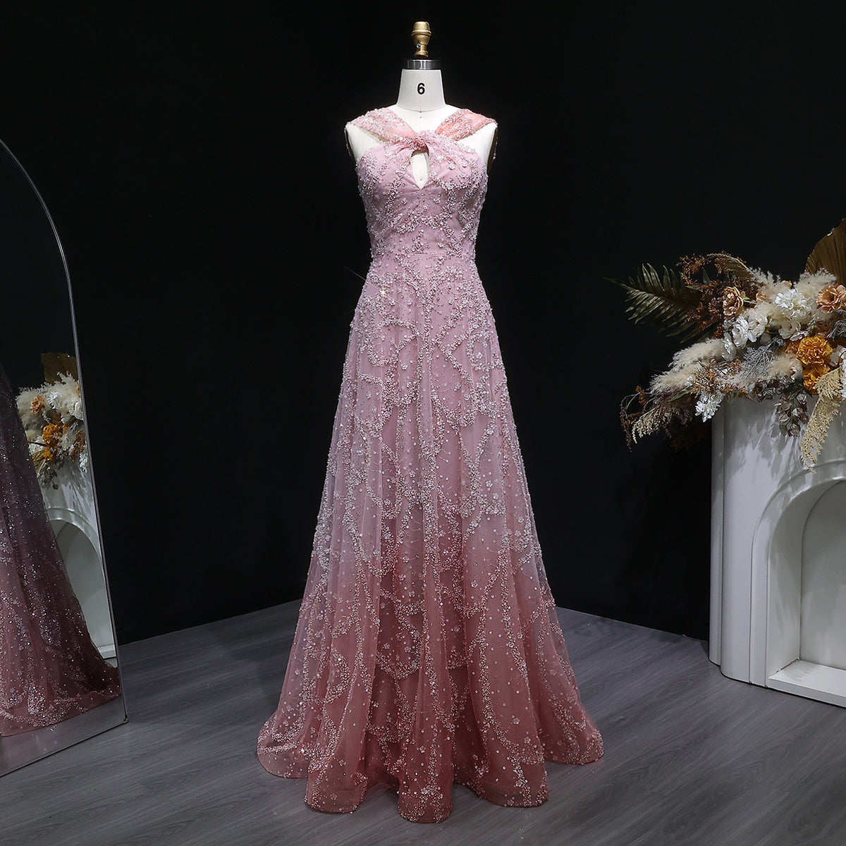 Glamorous Pink Ombre Beaded Sequin Halter Evening Dress SS709
