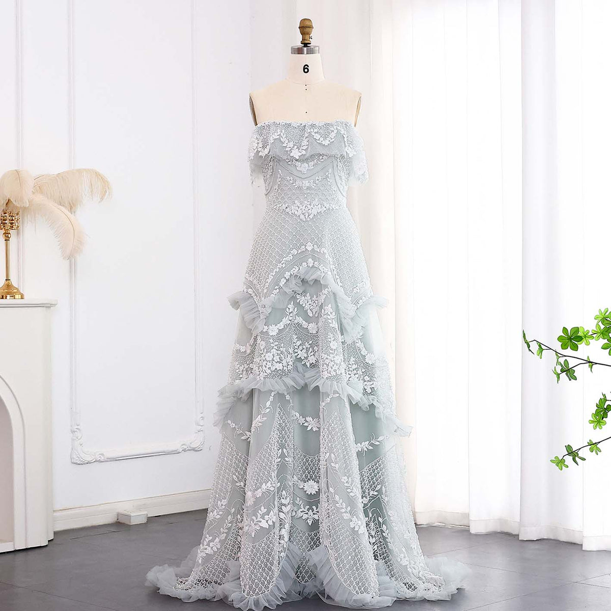 Luxury Pearls Silver Gray Off Shoulder A-Line Evening Dress SS485