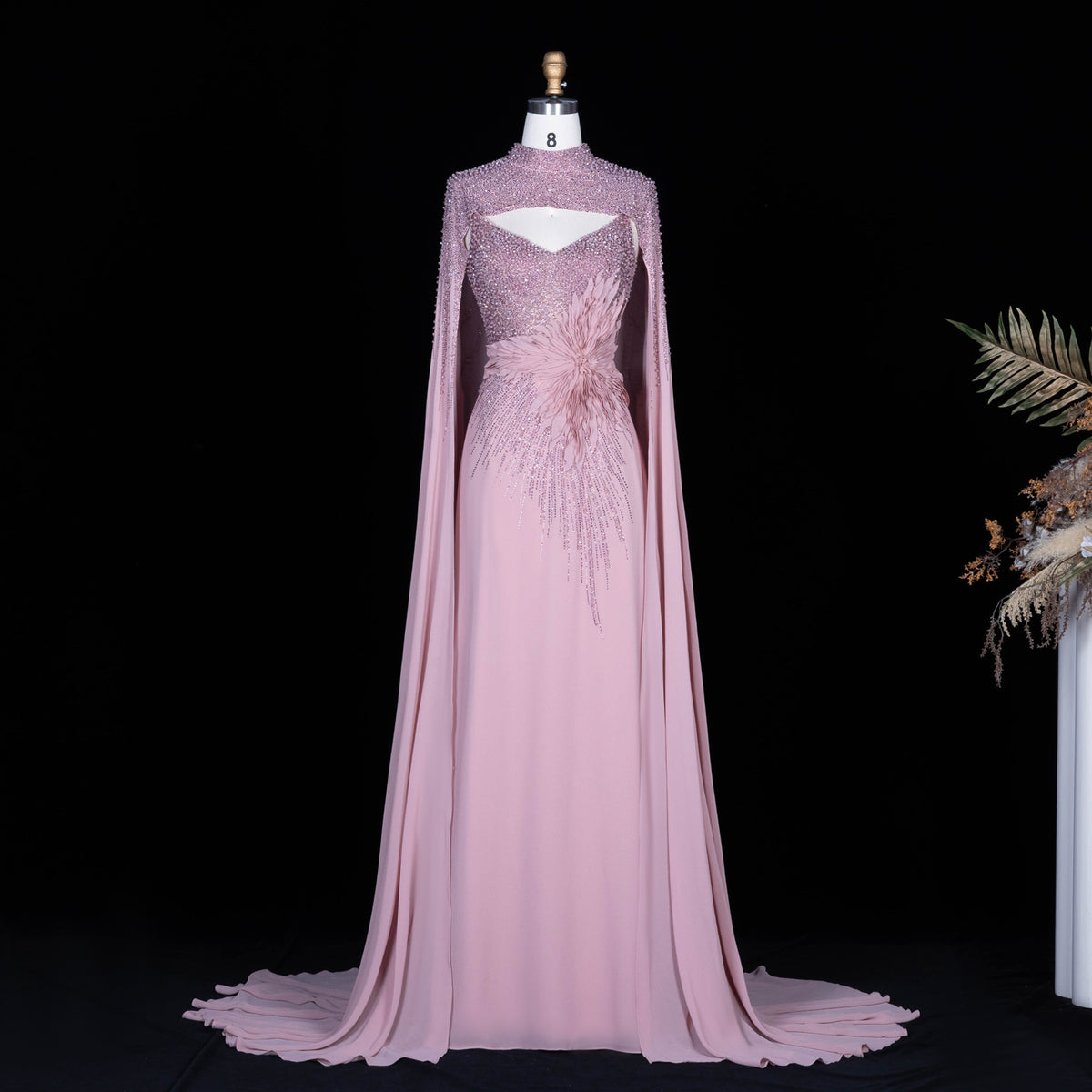 Navy Blue Beaded 3D Flowers Evening Dress with Cape SS074