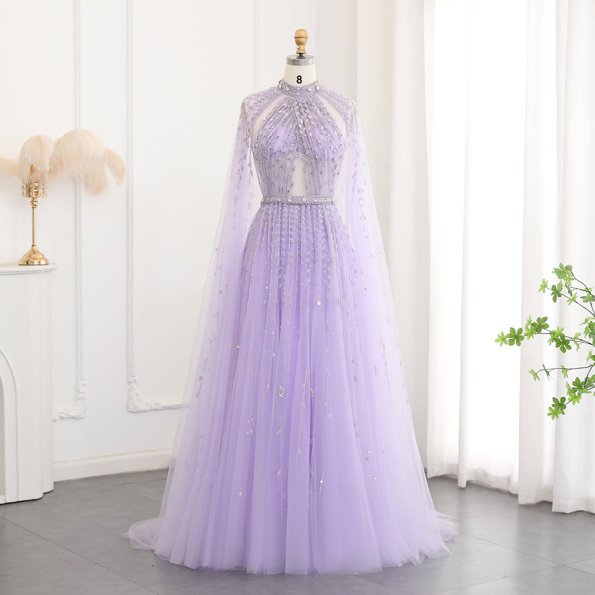 Luxury Beaded Beige Evening Dress with Cape Sleeve SS495