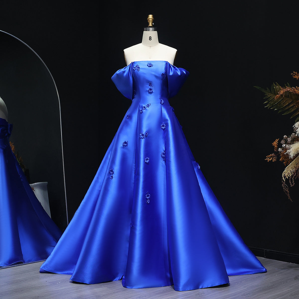 Elegant 3D Flowers Off Shoulder Red Evening Dress SF273