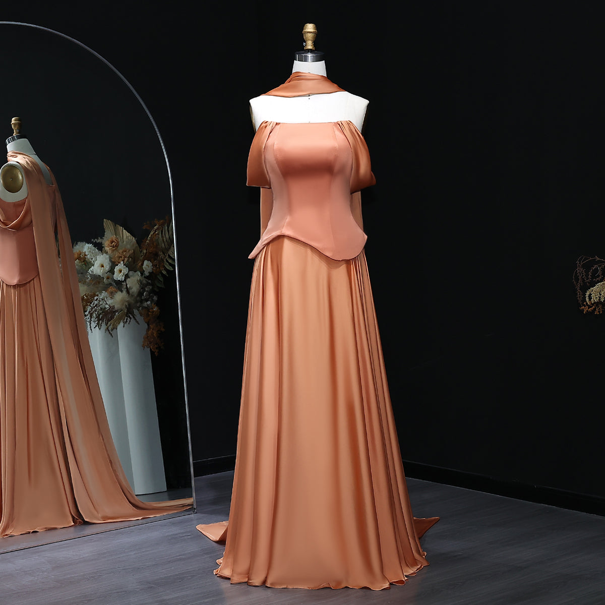 Elegant Brown Off-Shoulder Chiffon Evening Dress with Scarf SF593
