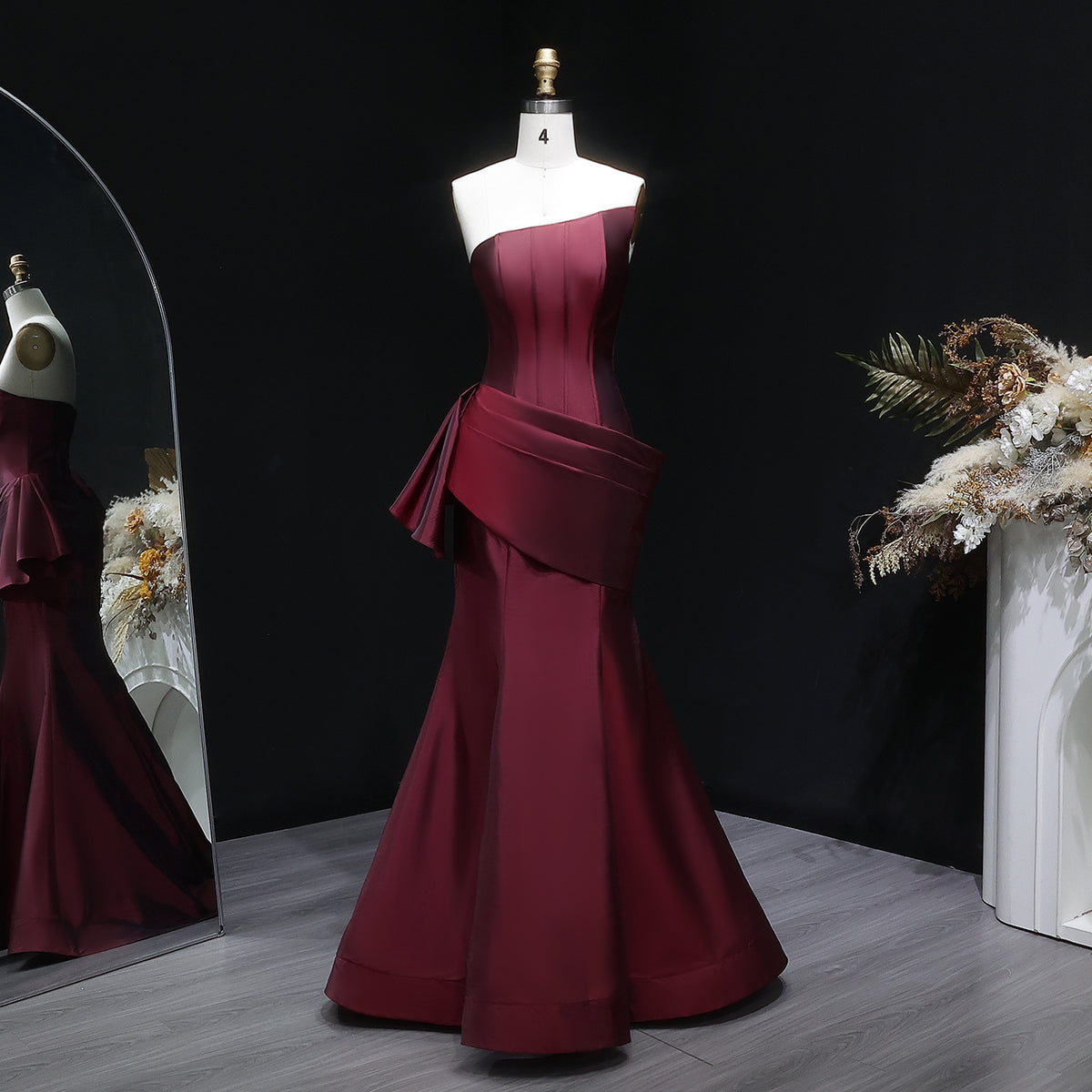 Luxury Burgundy Satin Strapless Draped Train Evening Dress SF494