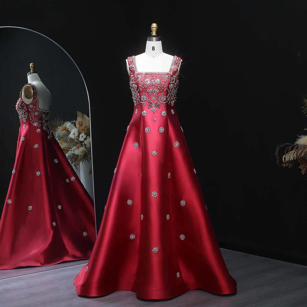 Luxury Dubai Beaded Burgundy Sauqre Neck Evening Dress