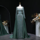 Elegant Green Beaded Long Sleeve Evening Dress with Overskirt SS119