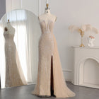 Luxury Champagne Spaghetti Straps Mermaid Evening Dress with Slit SS611