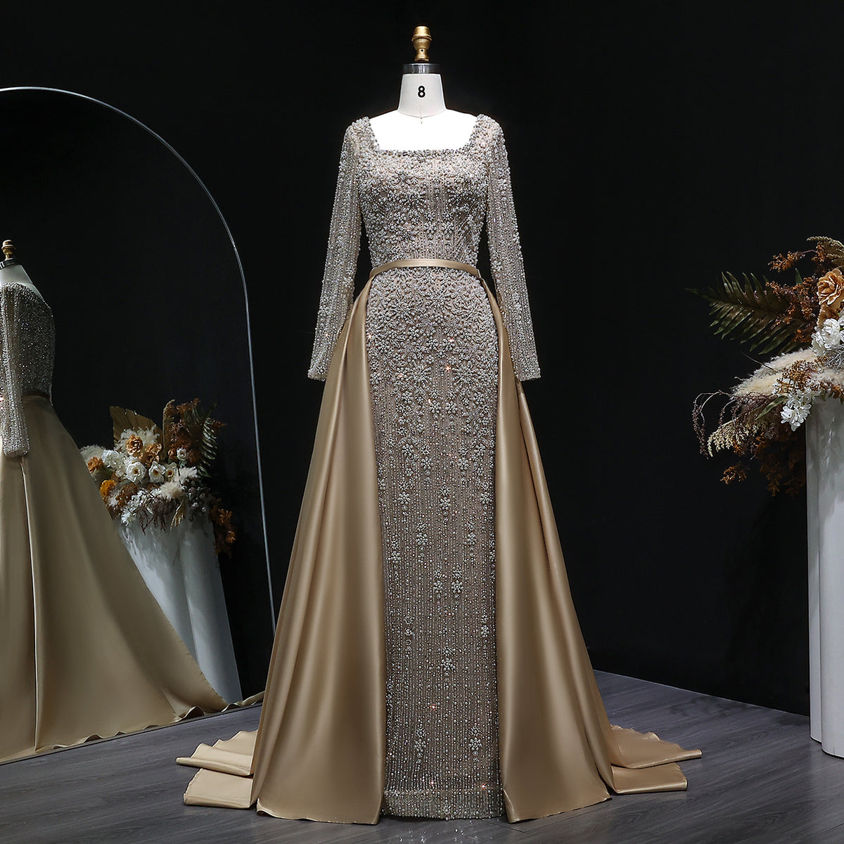 Elegant Green Beaded Long Sleeve Evening Dress with Overskirt SS119