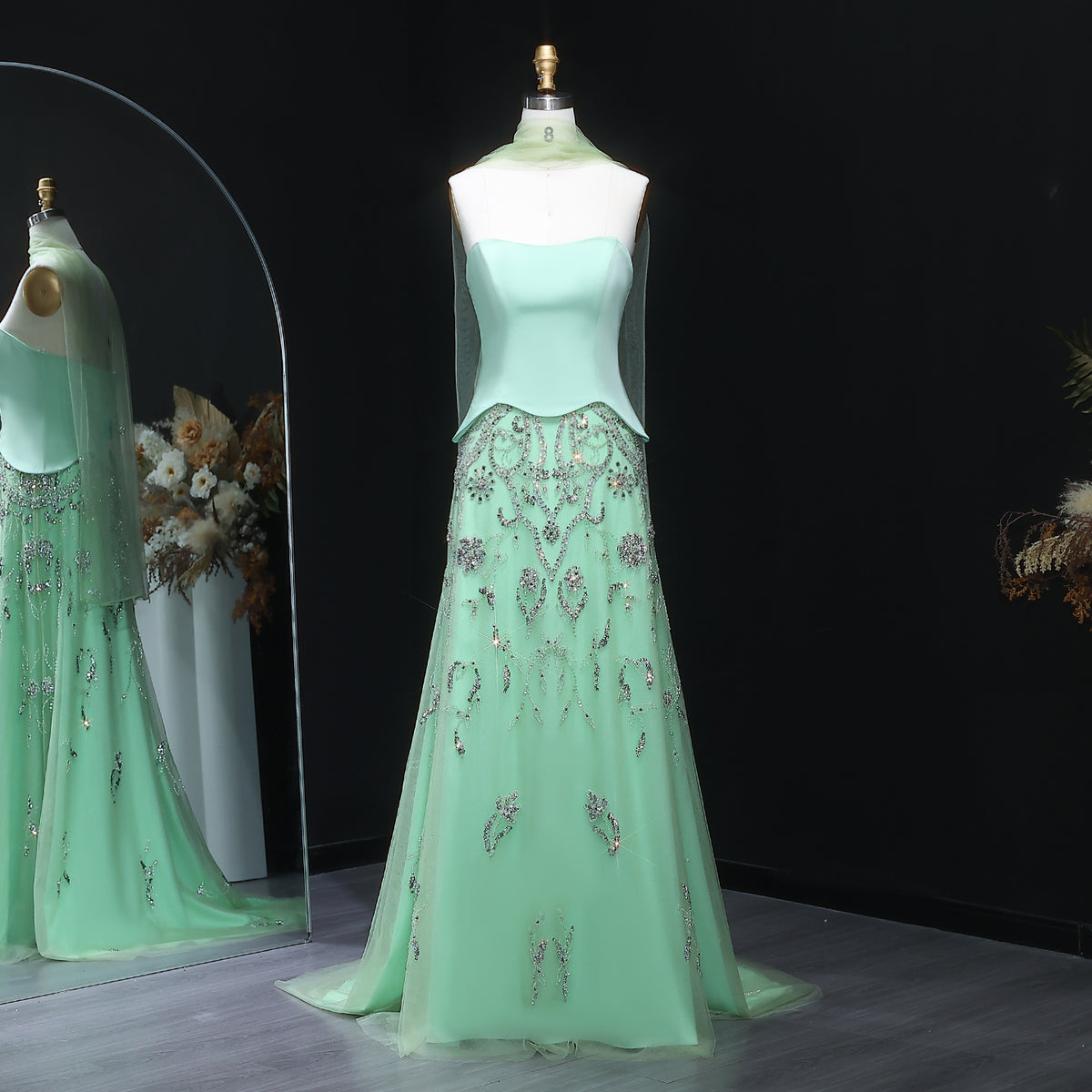Luxury Sage Green Strapless Evening Dress SS254