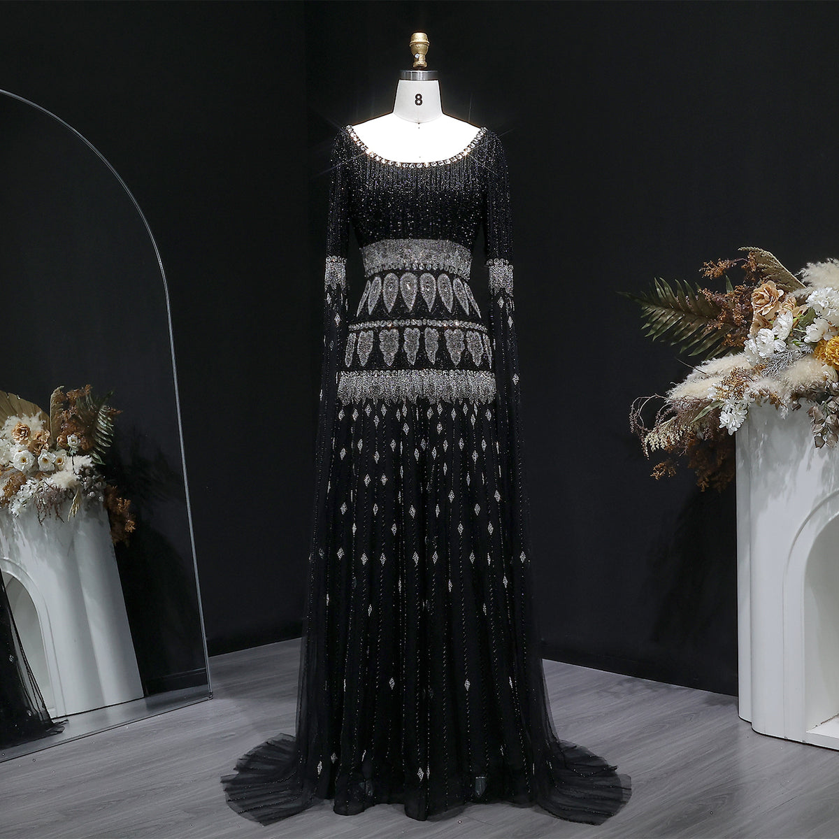 Purple Beaded Crystal Cape Sleeve Luxury Evening Dress SS009