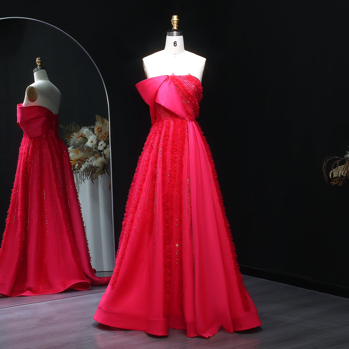 Luxury Beaded Fuchsia Ball Gown with Train Evening Dress XD042