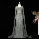Romantic Pink Full Crystal Beaded Round Neck Tulle Cape Mermaid Floor Evening Dress SS051
