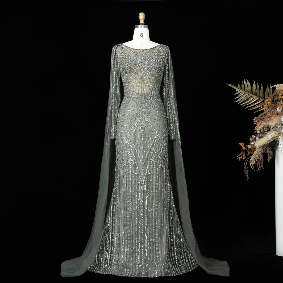Romantic Pink Full Crystal Beaded Round Neck Tulle Cape Mermaid Floor Evening Dress SS051